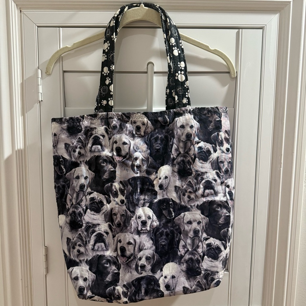 Dog Print Tote Bag with Black Paw Print Handles